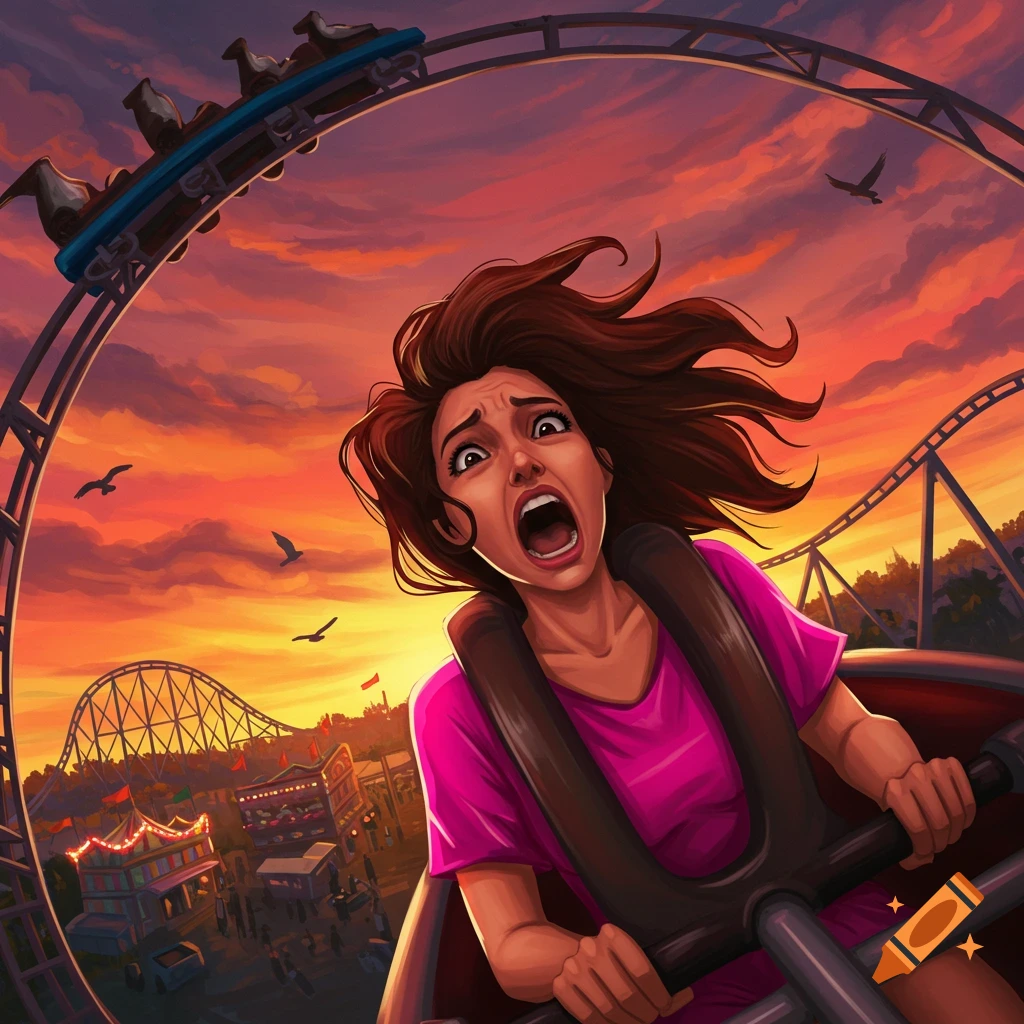 Woman screaming in fear on a rollercoaster ride at sunset.