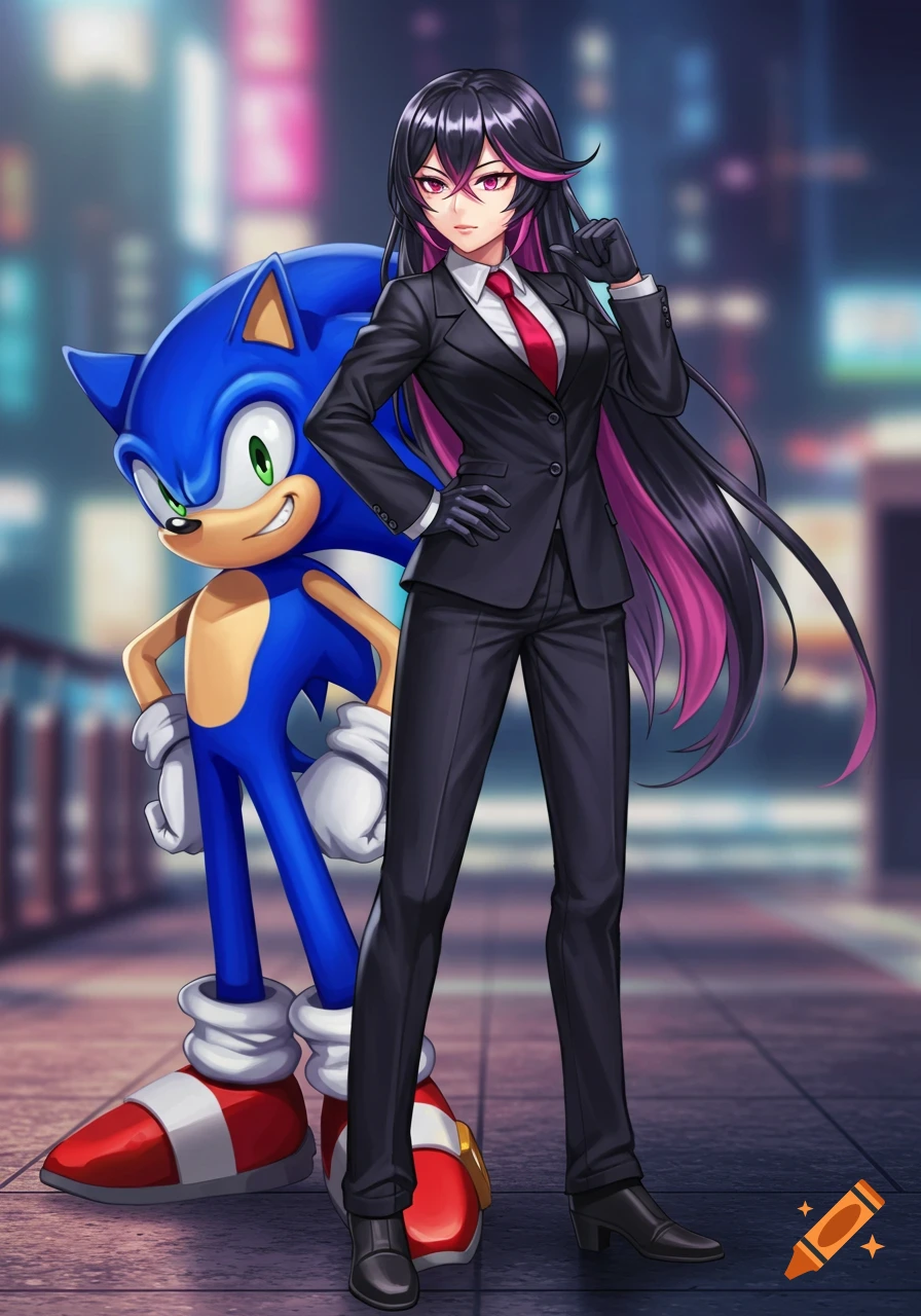 Anime illustration of Sonic the Hedgehog and a woman in a black suit standing together in a city street.