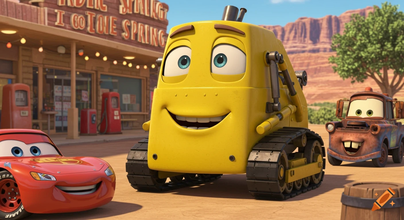Lightning McQueen, a yellow square vehicle, and Mater stand near a building in a desert town. CGI animation.