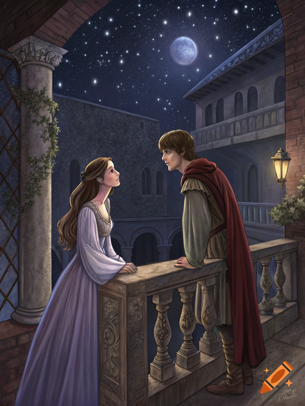 Romeo and Juliet look at each other on a balcony under a starry night sky with a full moon.