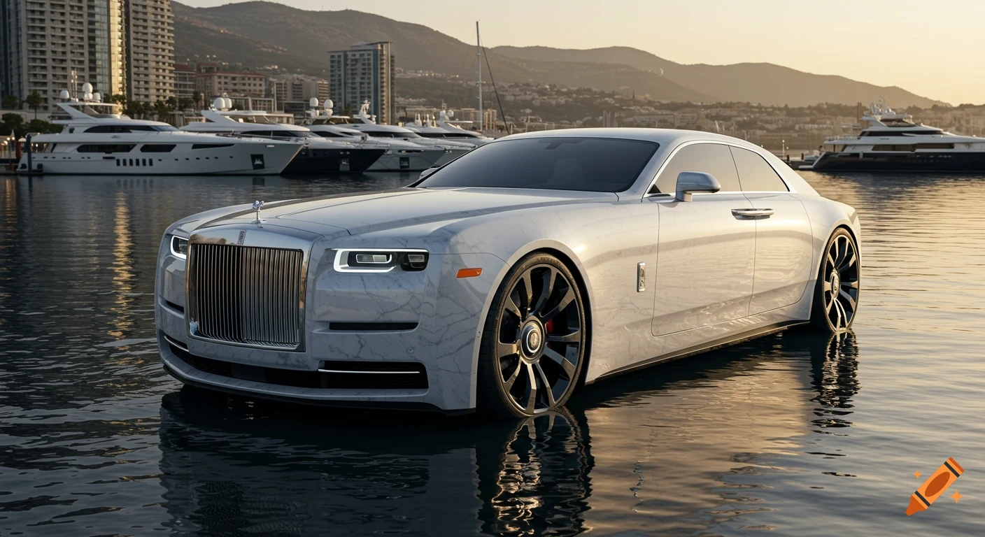 A luxurious white marble vehicle sits on the water in a marina with yachts and buildings during golden hour.