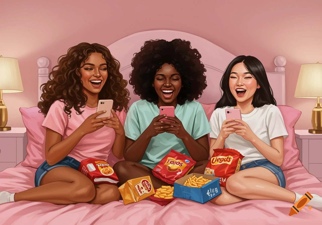 Three friends on a bed looking at phones and laughing, surrounded by snacks in a bedroom illustration.