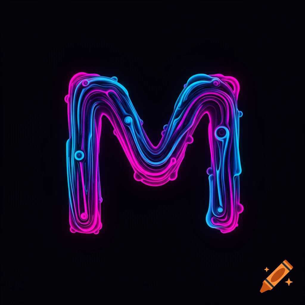Stylized letter M in glowing pink and blue neon