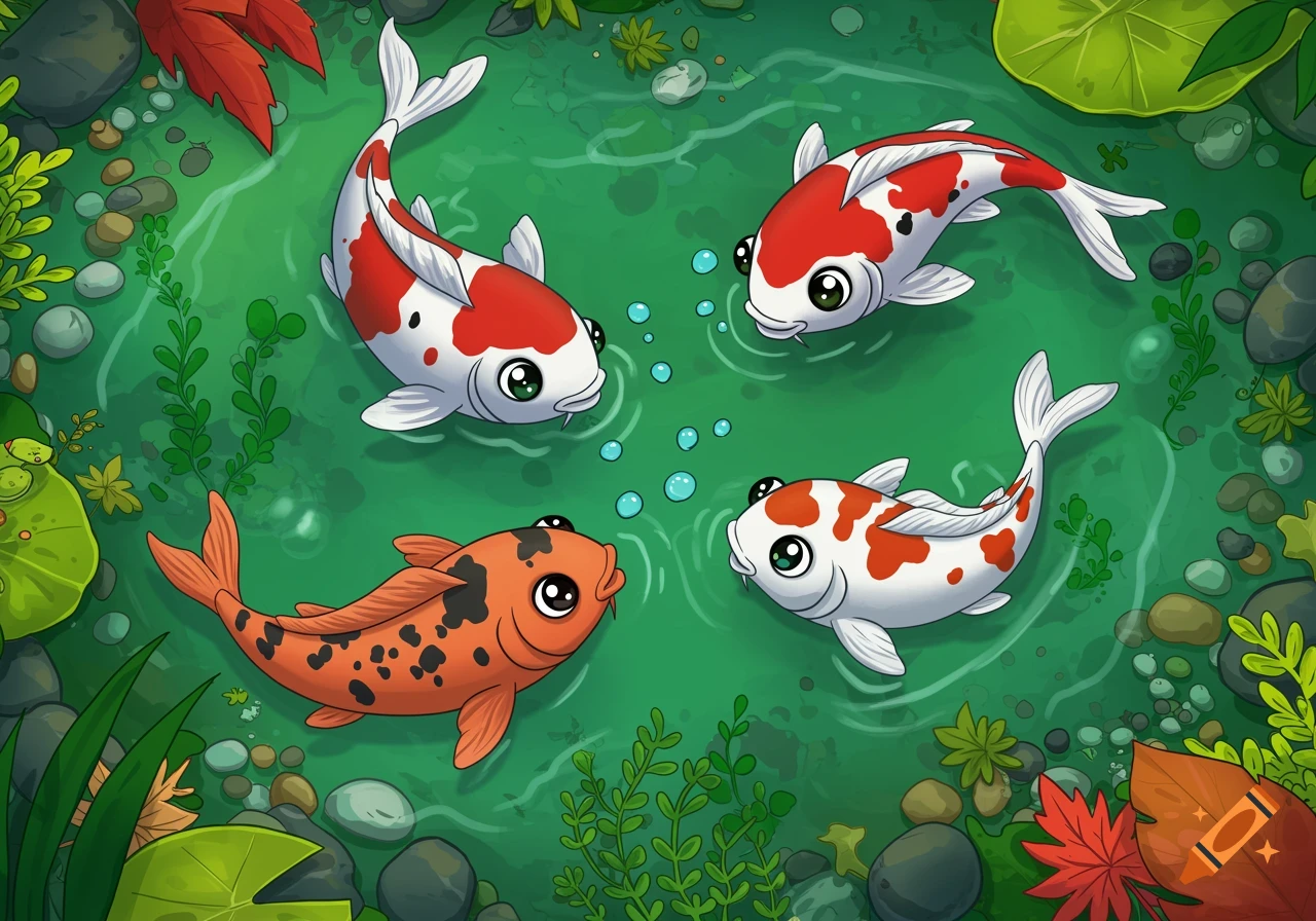 Cartoon illustration of four colorful koi fish with big eyes swimming in a pond with bubbles and plants.