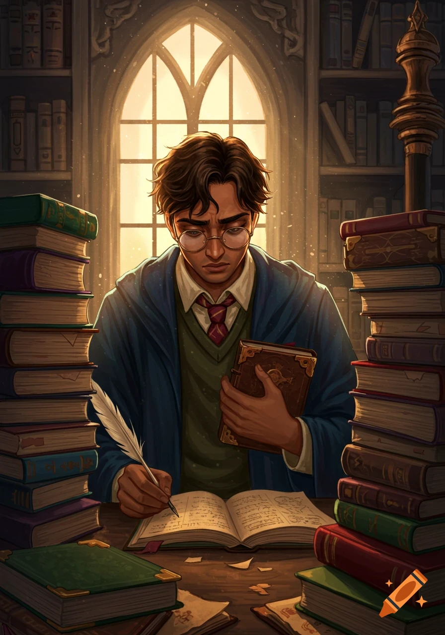 A young man in wizard robes and glasses studies at a desk piled with books, writing with a quill, in a library. Digital illustration.