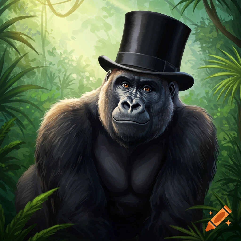 A gorilla wearing a black top hat sits in a bright jungle