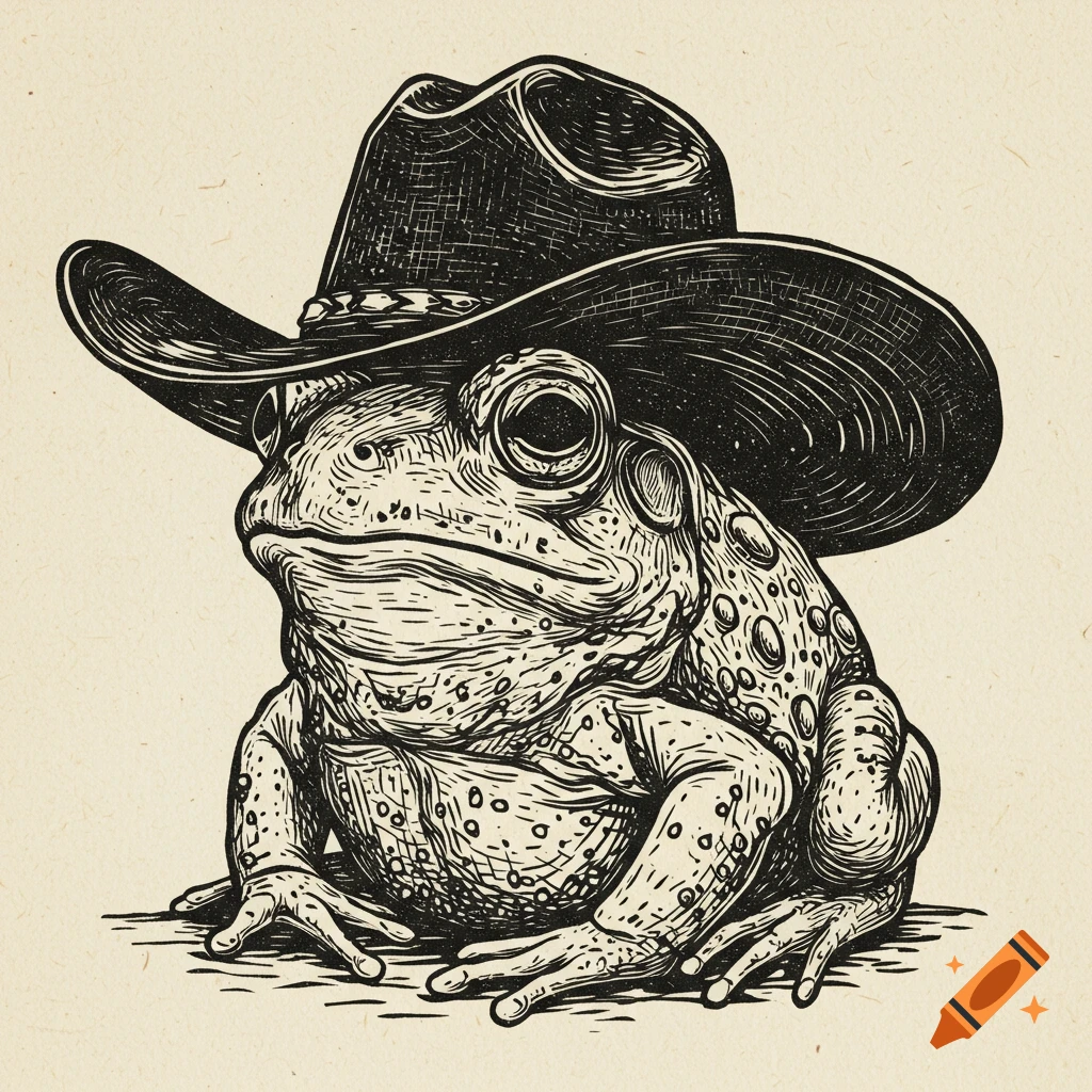 Linocut print of a frog wearing a cowboy hat.