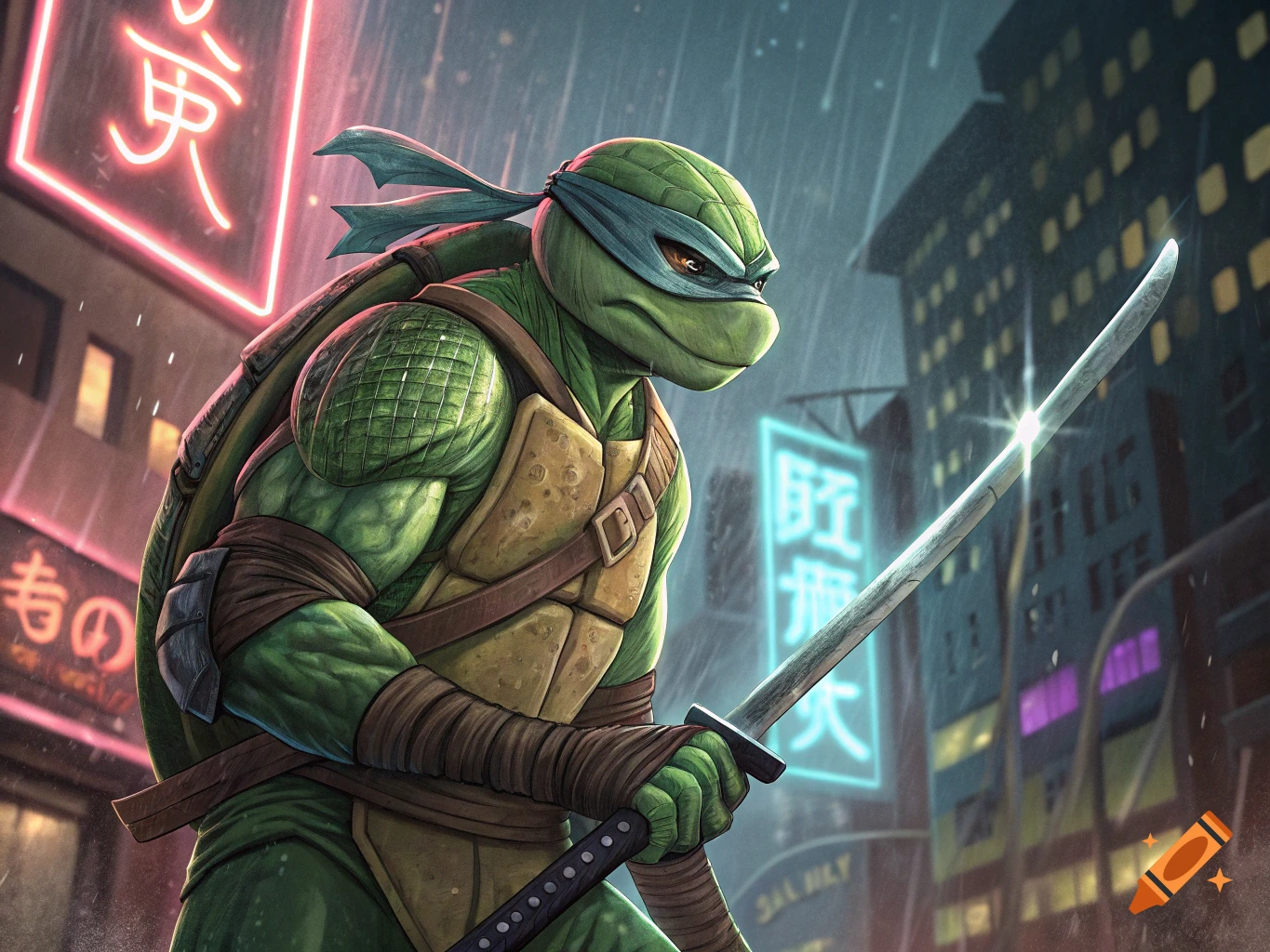 A detailed illustration of a Teenage Mutant Ninja Turtle in a blue mask holding a katana in a rainy urban street with neon signs.