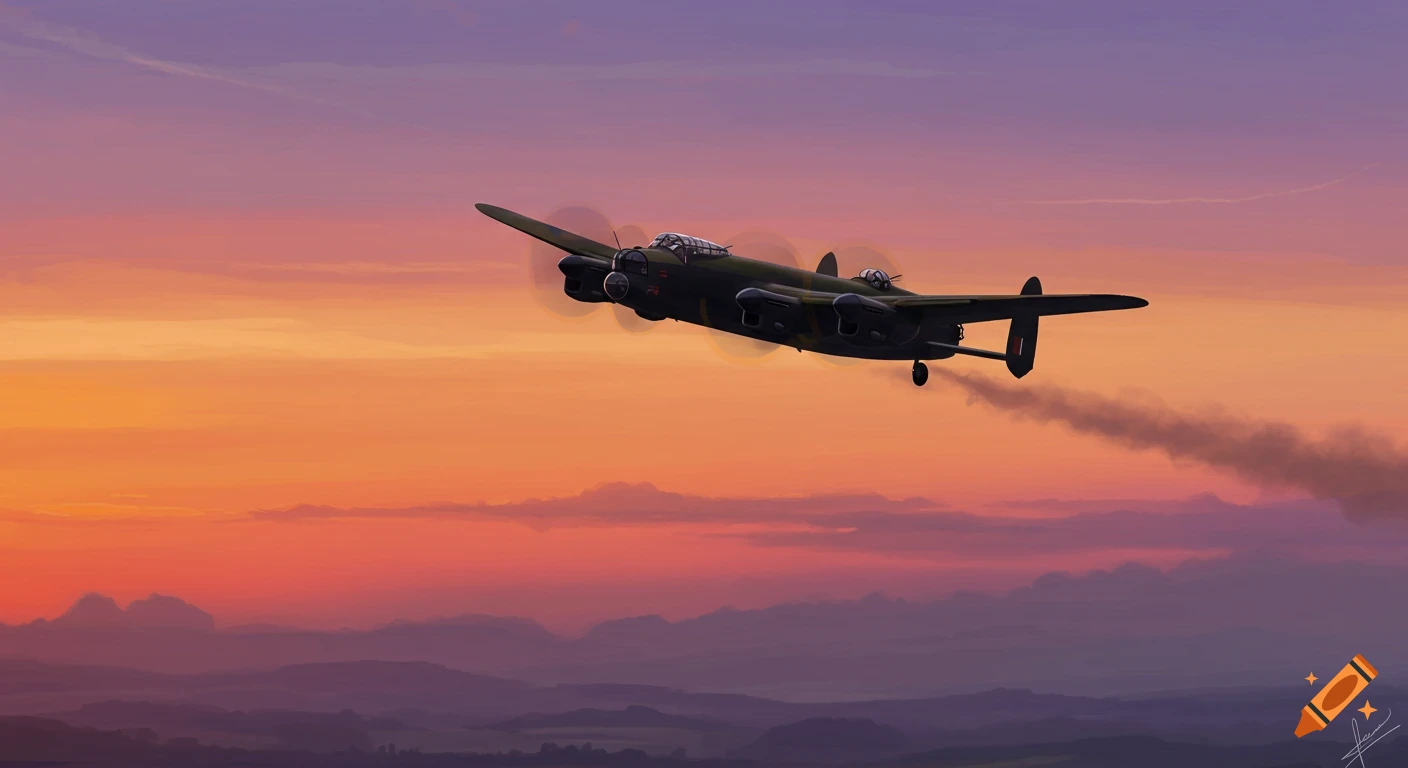 Lancaster bomber flying at sunset over mountains