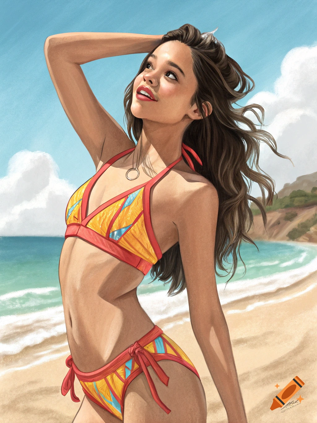 A digital painting of a woman in a bikini on a beach looking up at the sky.