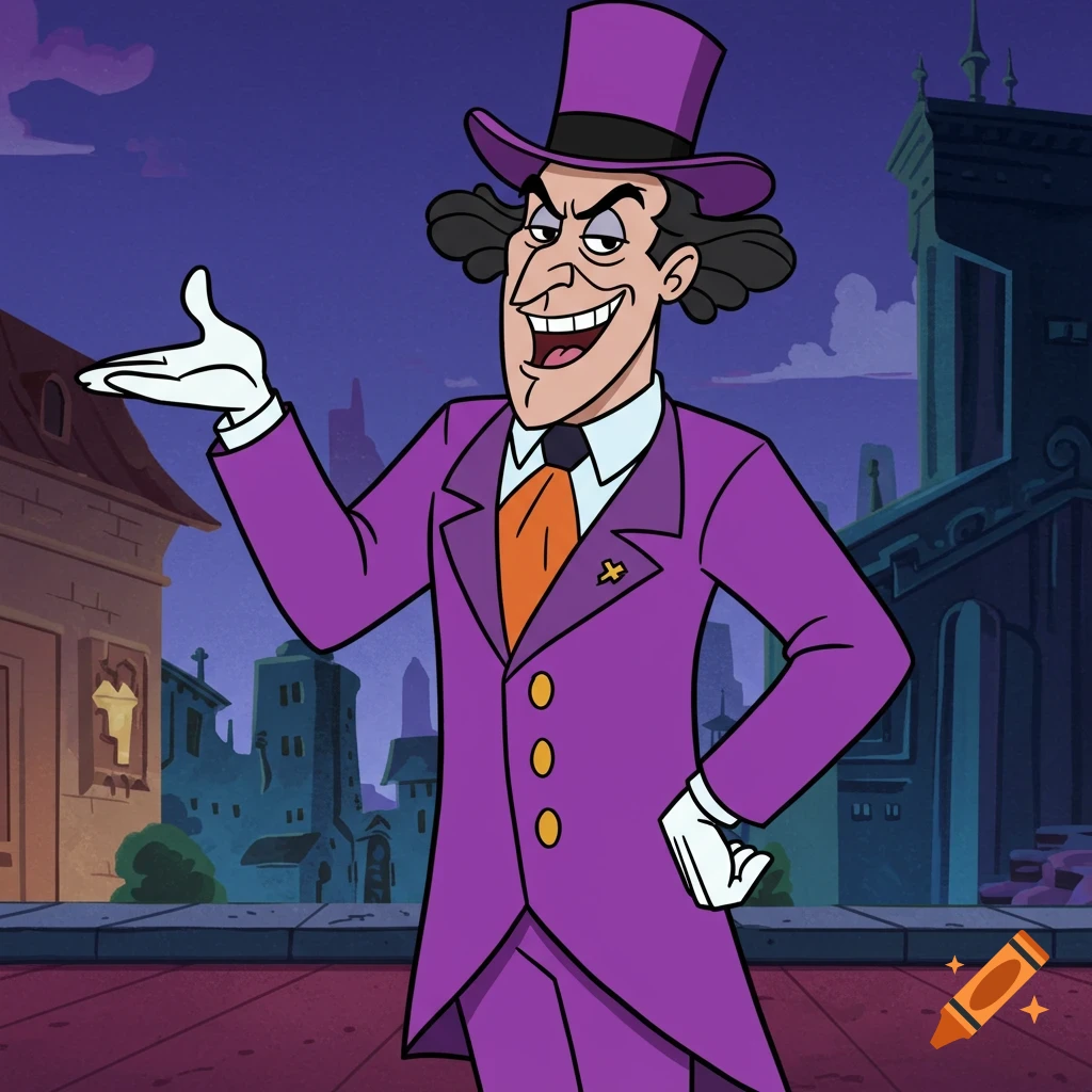 Cartoon villain in a purple suit and top hat gestures in a city setting.