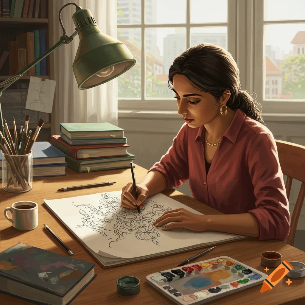 A woman sits at a desk drawing a complex design on a large sheet of paper, surrounded by art supplies and books.