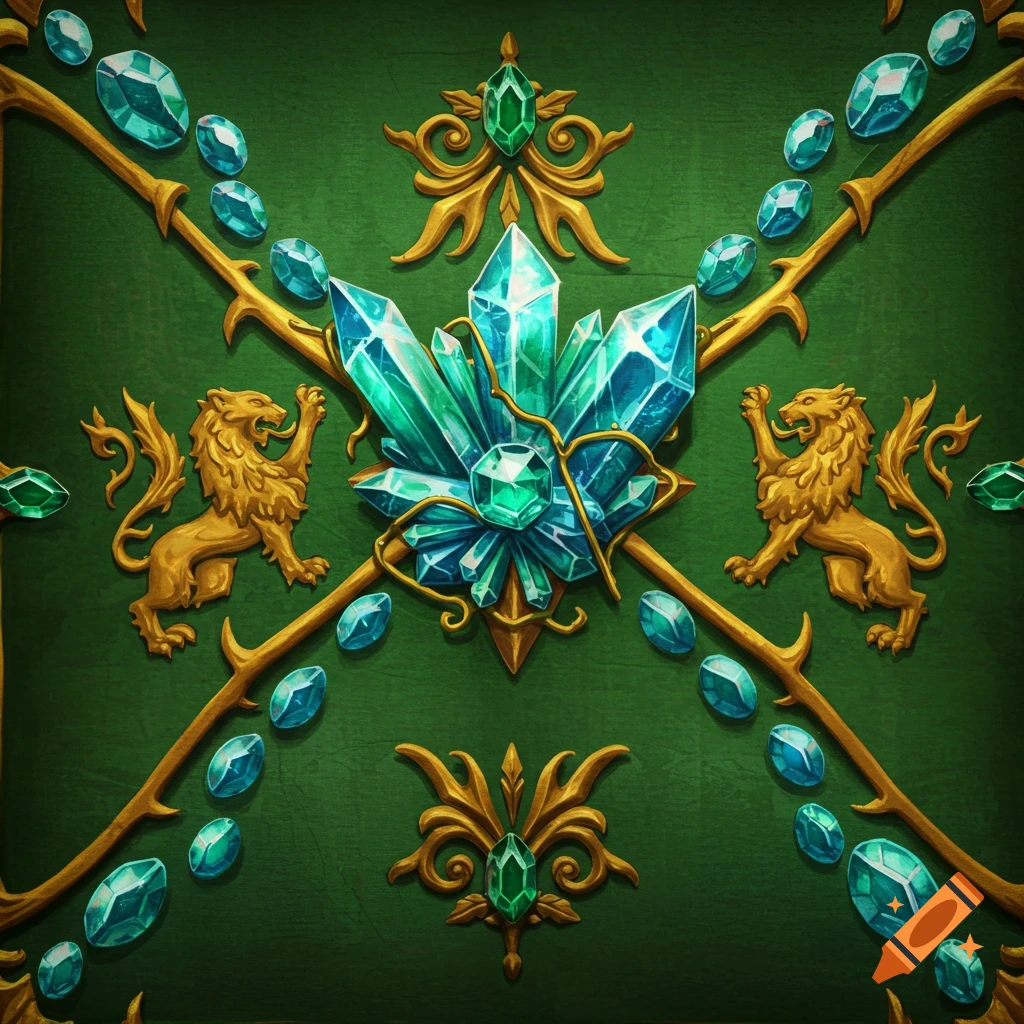 Decorative pattern with gold lions, branches, and blue/green crystals on a green background