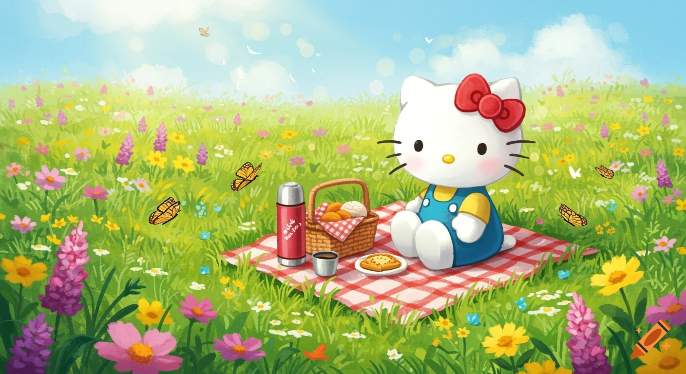 Hello Kitty sitting on a picnic blanket in a field of flowers with butterflies