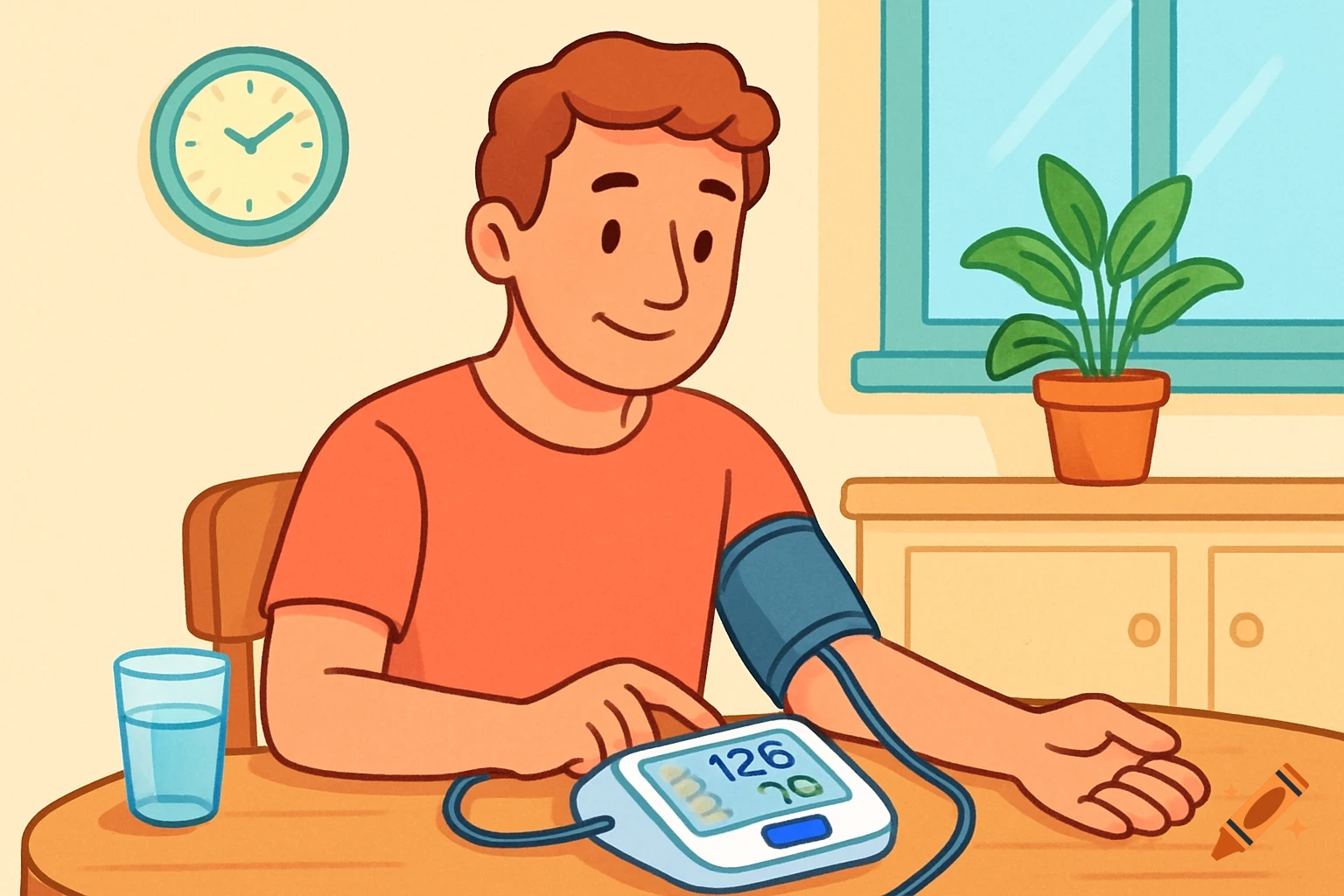 Cartoon man measures blood pressure at a table with a digital monitor, glass of water, and potted plant.