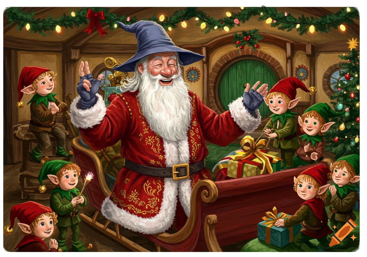 Illustration of Gandalf as Santa Claus with hobbits as elves in a festive Christmas room.