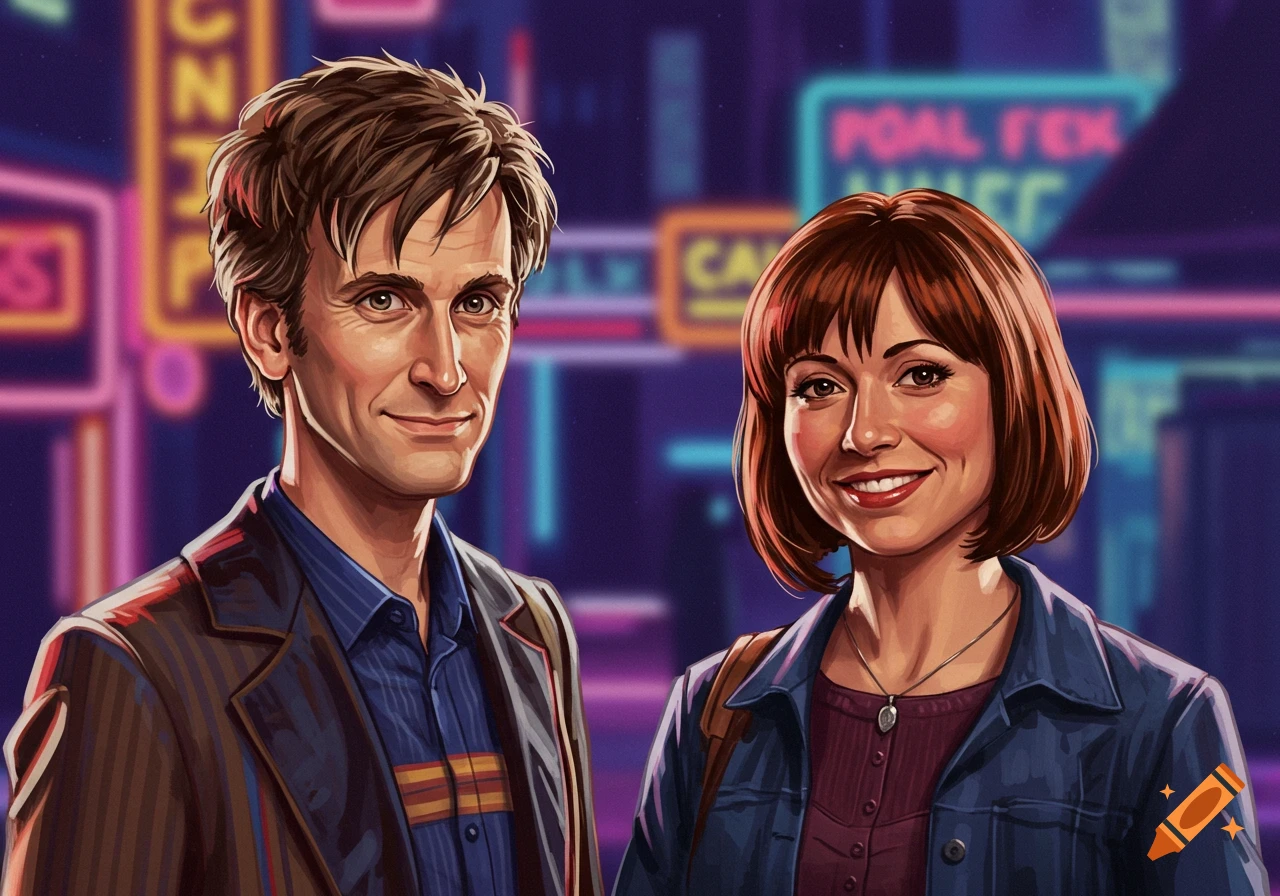 Digital illustration of The Doctor (David Tennant) and Donna Noble (Catherine Tate) in front of neon lights.