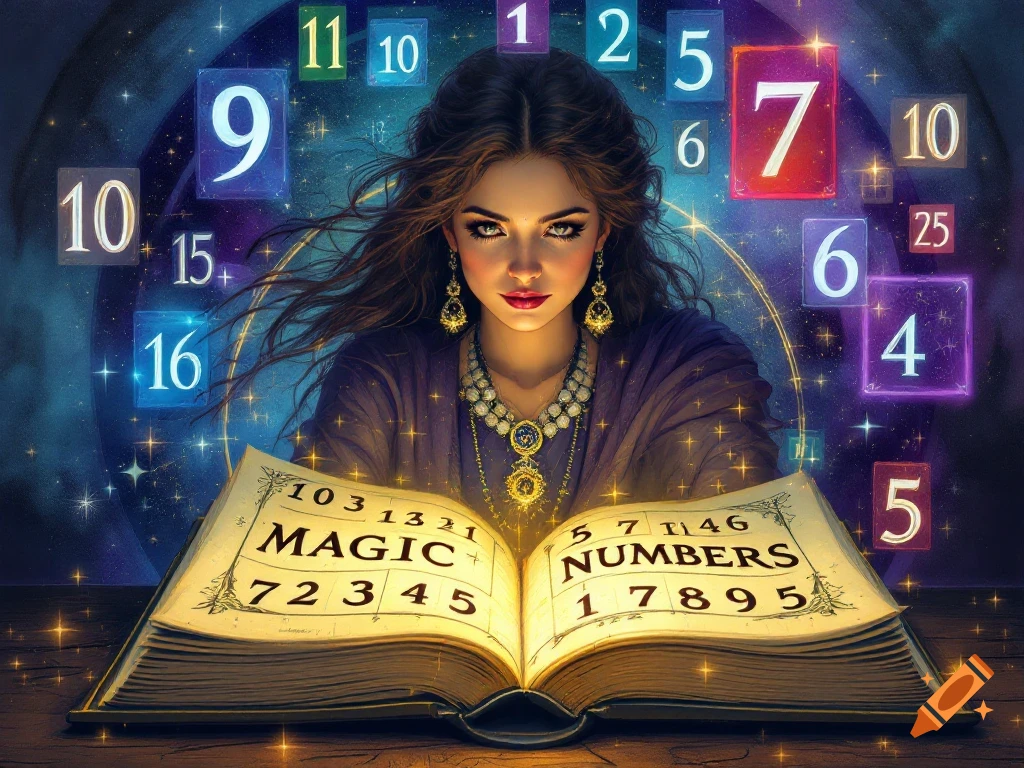 A woman looks at an open book surrounded by glowing numbers in a mystic setting.