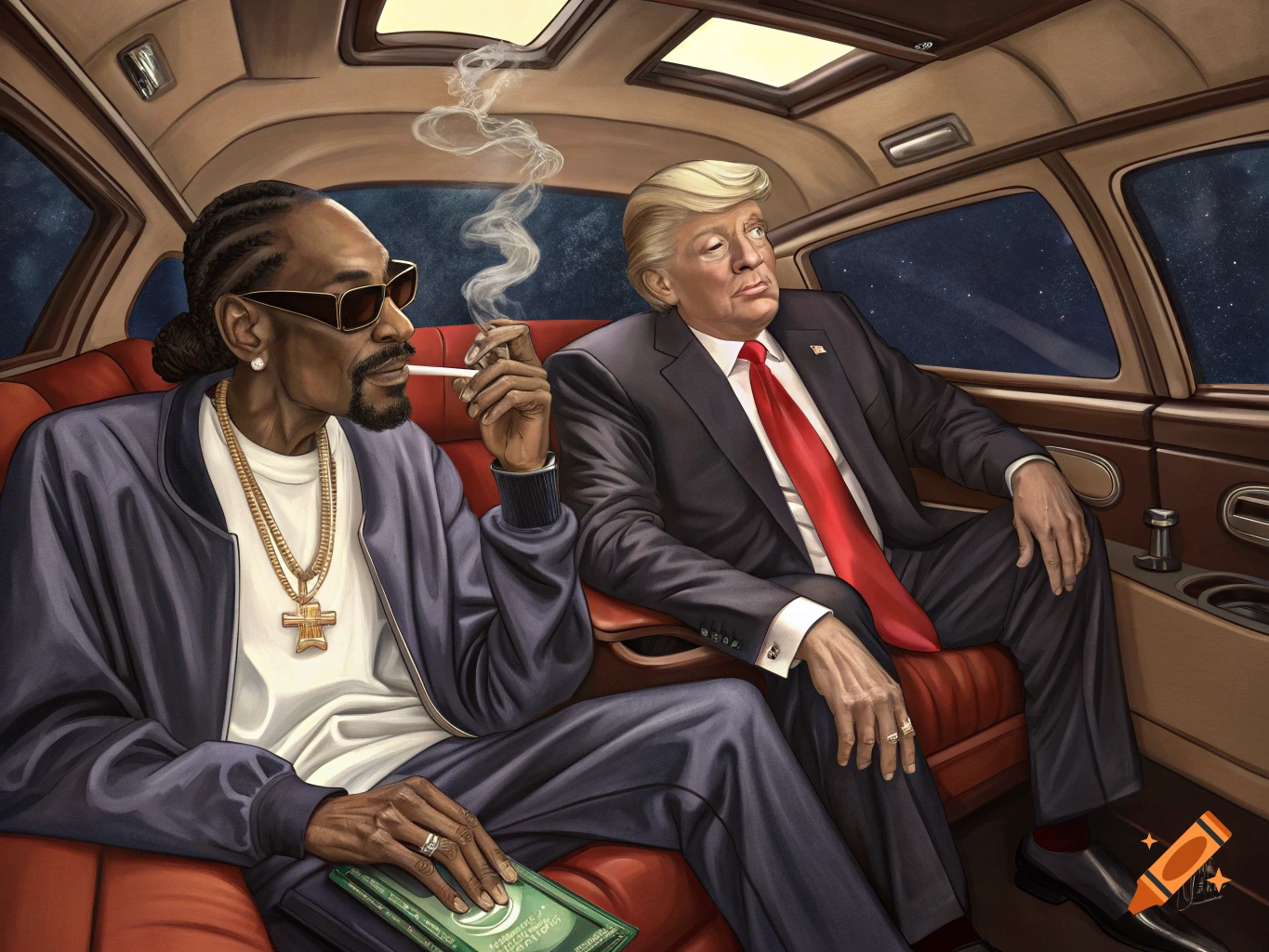 Illustration of Snoop Dogg smoking a cigarette in a limo next to Donald Trump.