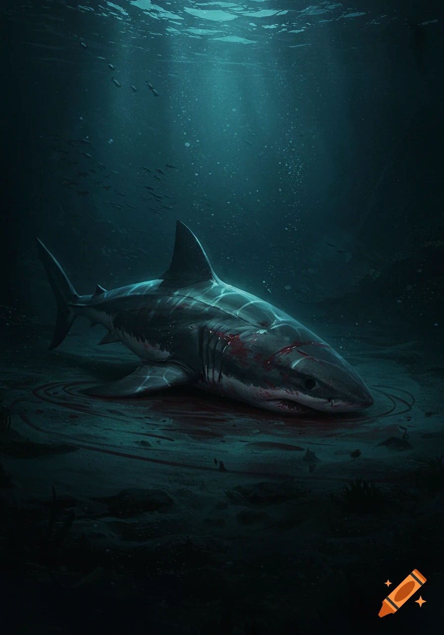 An illustration of a shark injured on the ocean floor with blood around it.