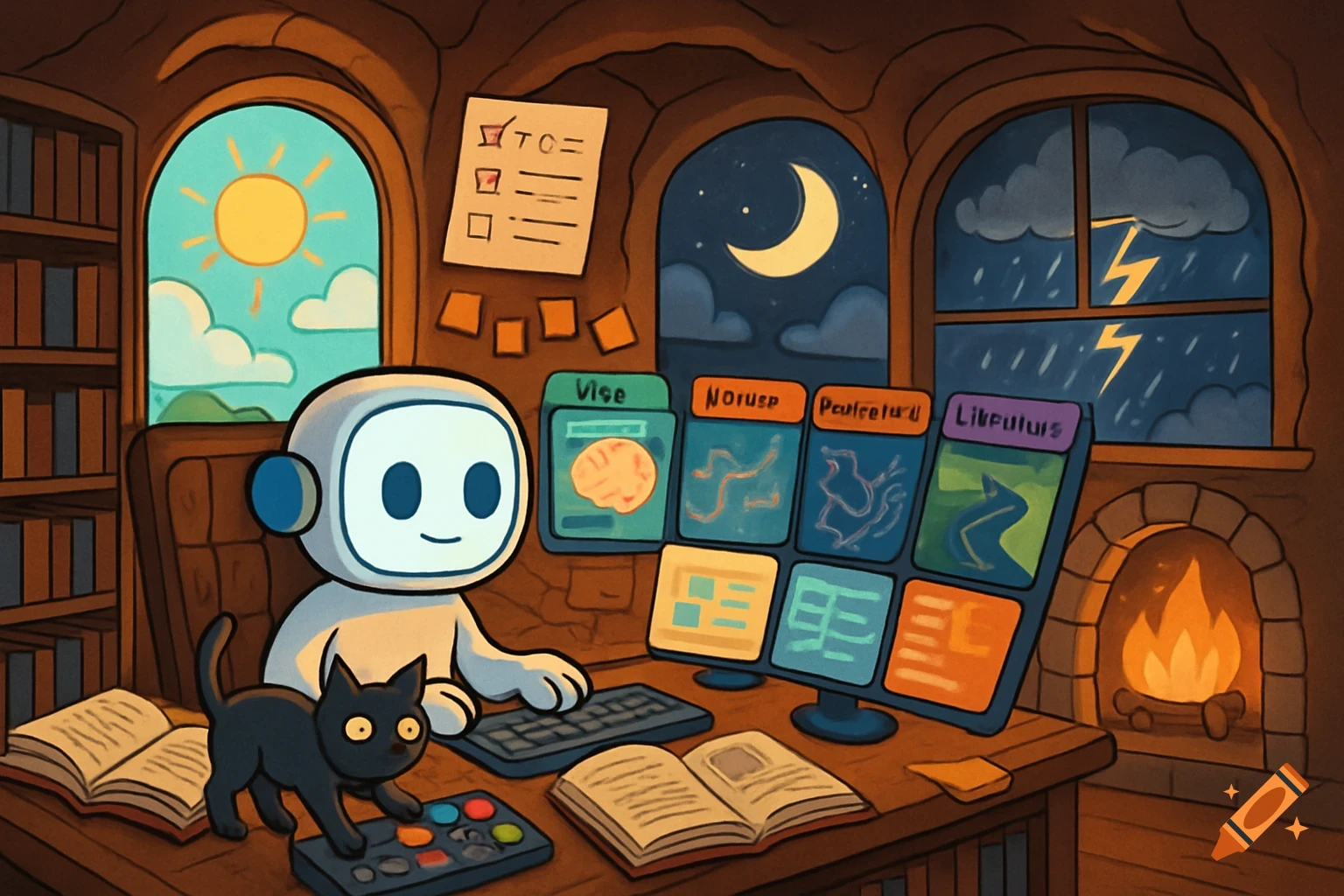 Cartoon robot sits at desk with cat, screens, books, and windows showing sun, moon, and storm.