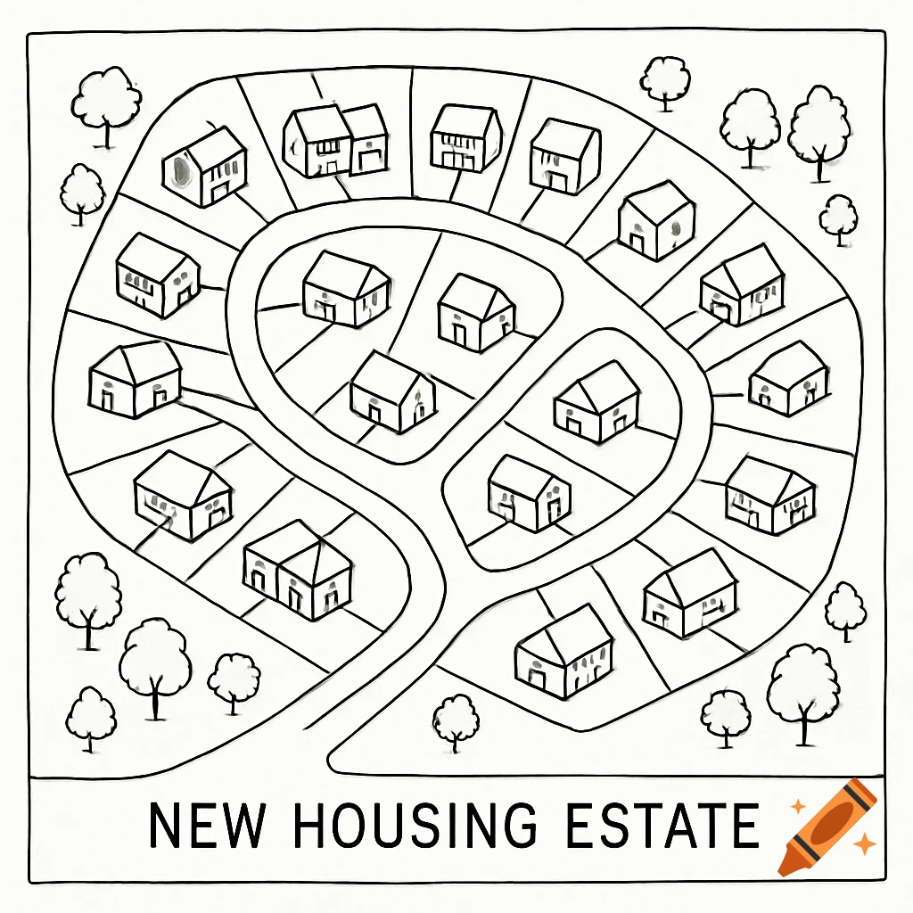 Black and white diagram of a new housing estate with houses and roads.