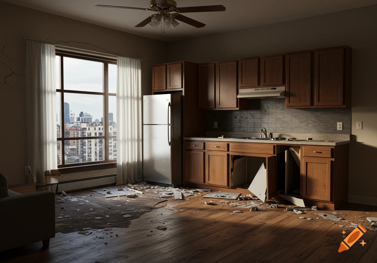 Damaged apartment interior with a view of a city skyline.