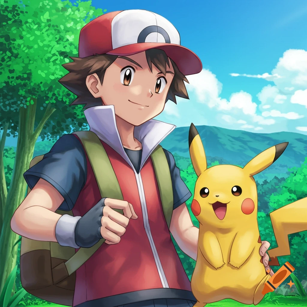 Anime illustration of Ash Ketchum and Pikachu smiling in a forest. on ...