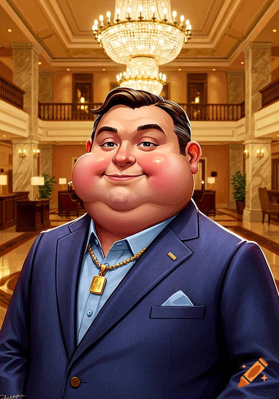 Cartoon illustration of a chubby man in a suit and gold chain, standing in a hotel lobby.