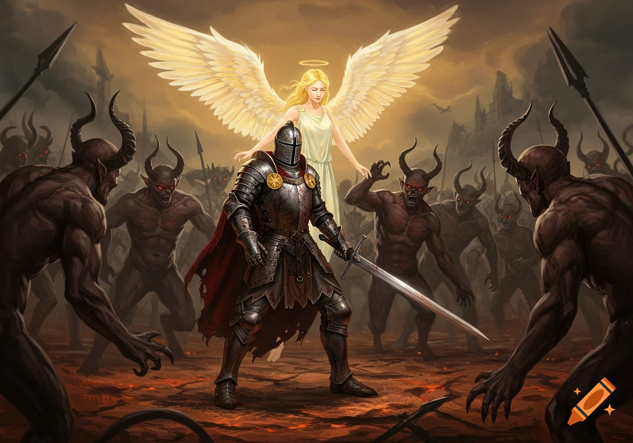 A knight stands with an angel behind him, facing a horde of demons on a ...