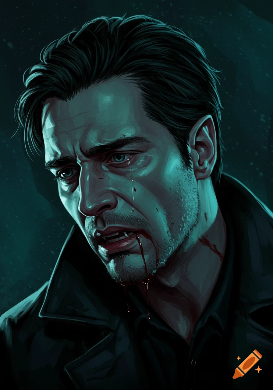 Close-up portrait of a distressed vampire with blood on his mouth and neck in a neo noir style.