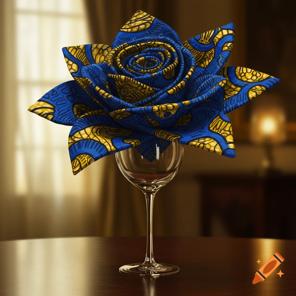 A fabric folded like a blue and gold flower sits in a wine glass on a table