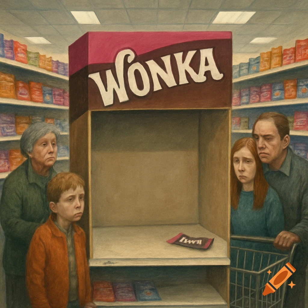 A child, woman, and man look sadly at an empty Wonka candy display in a supermarket, illustrative style.