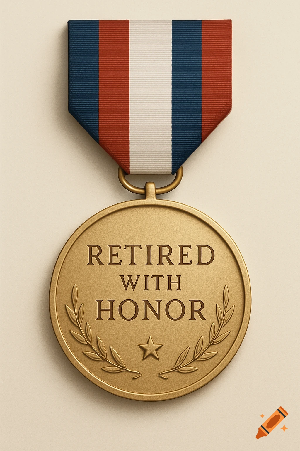 A close-up shot of a gold retirement medal with a red, white, and blue ribbon, engraved with 'Retired with Honor'.