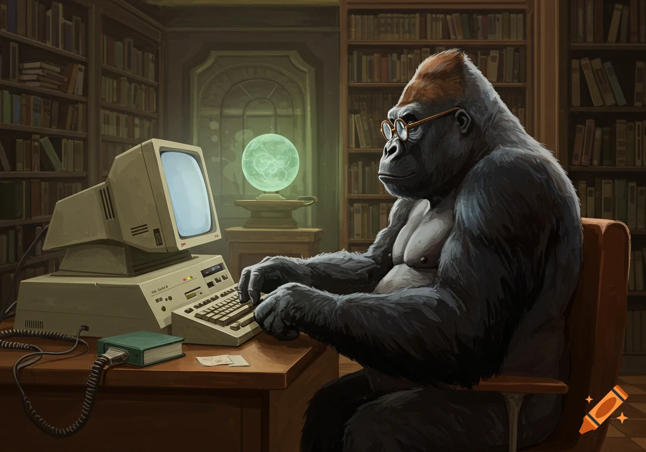 A gorilla wearing glasses sits at an old computer in a library, typing on the keyboard.