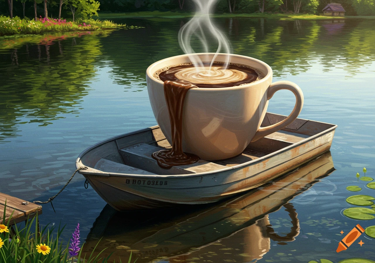 Giant steaming coffee cup overflowing into a boat on a lake with trees and flowers.