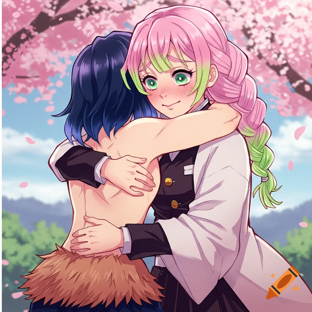 Anime illustration of Mitsuri Kanroji hugging a shirtless Inosuke Hashibira under cherry blossoms.