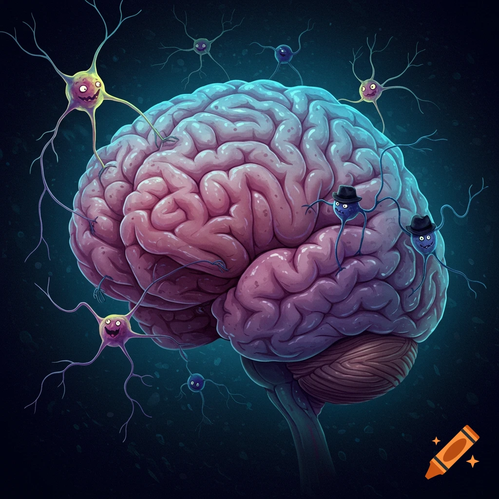 Cartoon illustration of a brain with animated neurons floating around it.