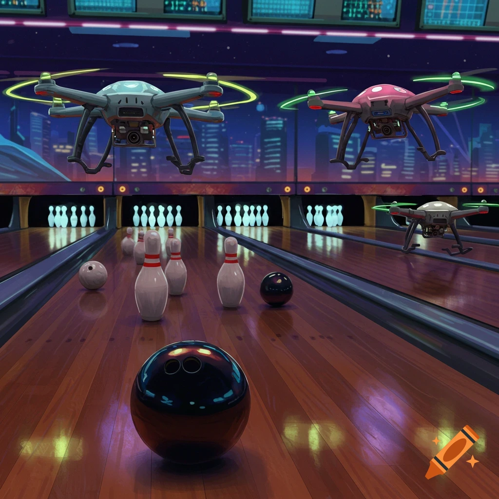 A bowling alley scene with drones in place of bowling pins and bowling balls on the lanes.
