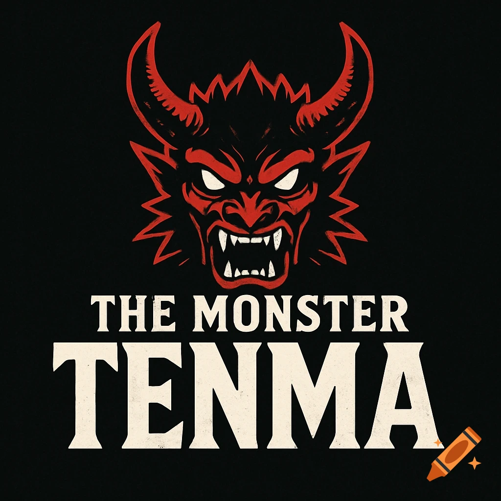 Stylized logo featuring a red demon head above the text "THE MONSTER TENMA" on a black background.