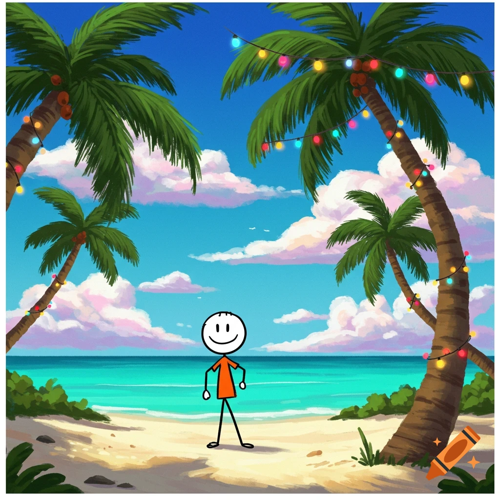 A stick figure stands on a sandy beach with palm trees decorated with holiday lights and a bright blue sky.