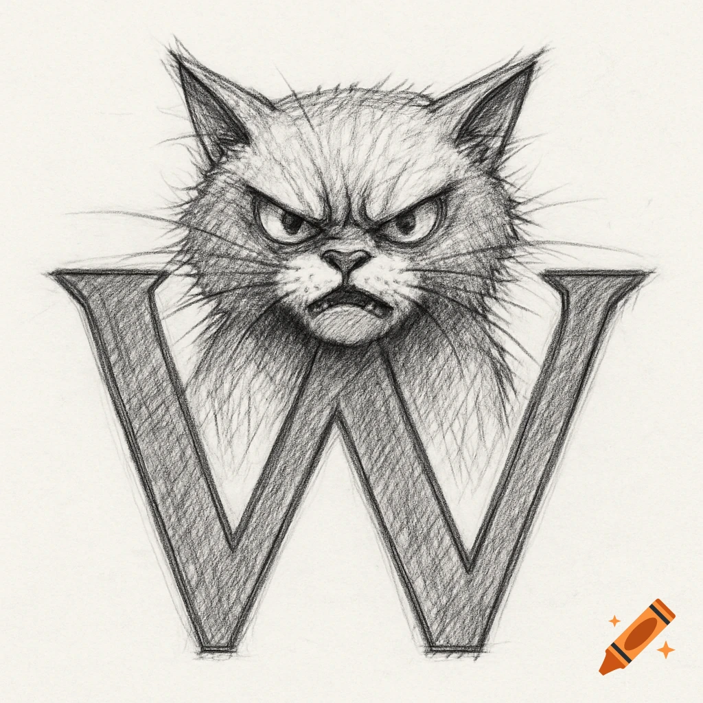Pencil sketch of an angry cat head on a W monogram.