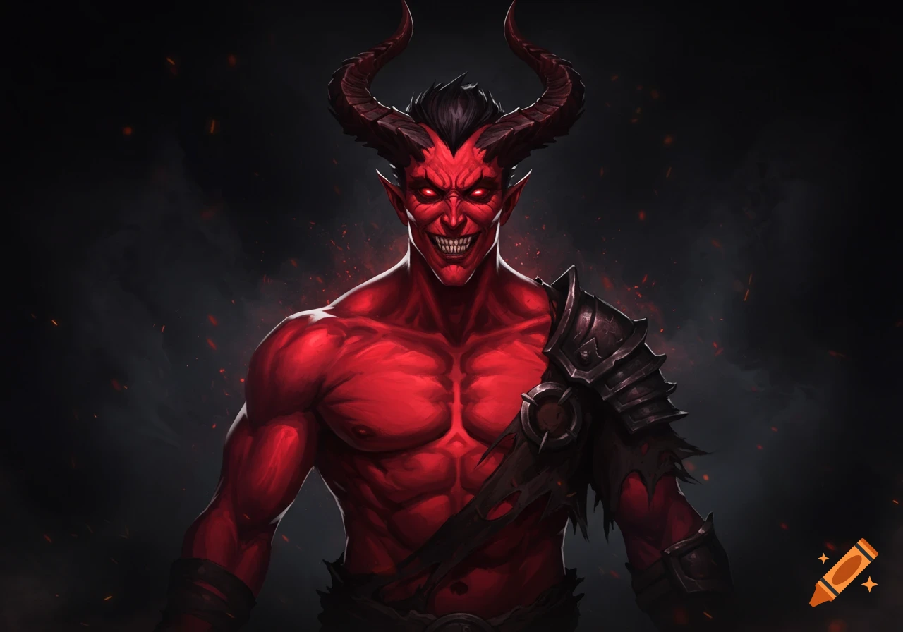A fearsome red demon with sharp teeth, horns, and glowing red eyes.