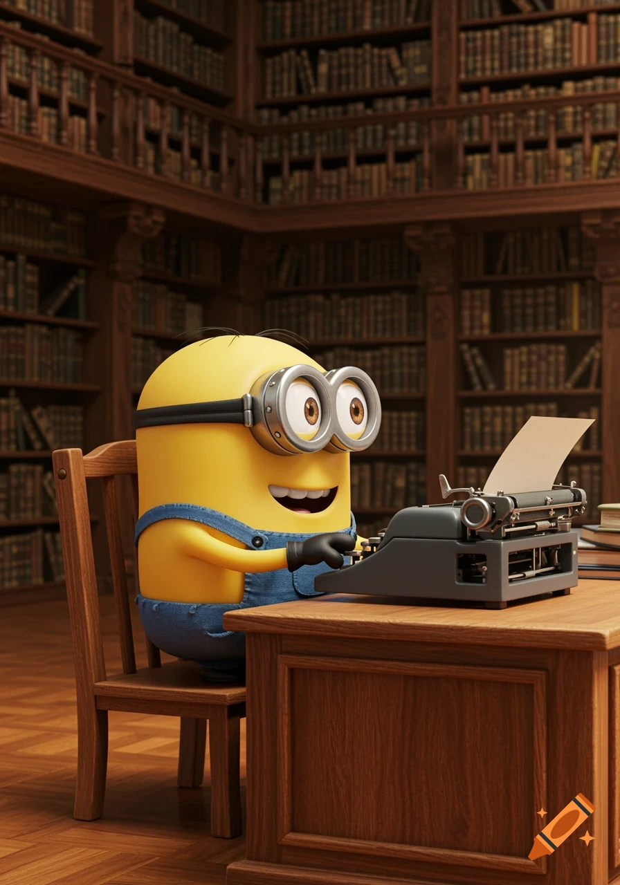 A Minion character sits at a desk in a library, typing on an old typewriter.