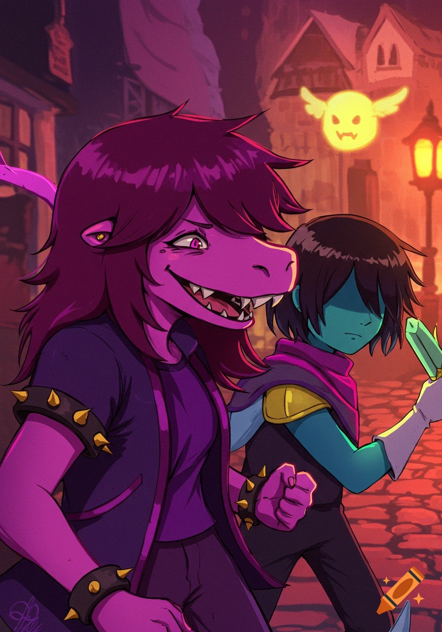 Illustration of Deltarune characters Susie and Kris walking in a fantasy town at sunset, with a glowing figure floating behind.