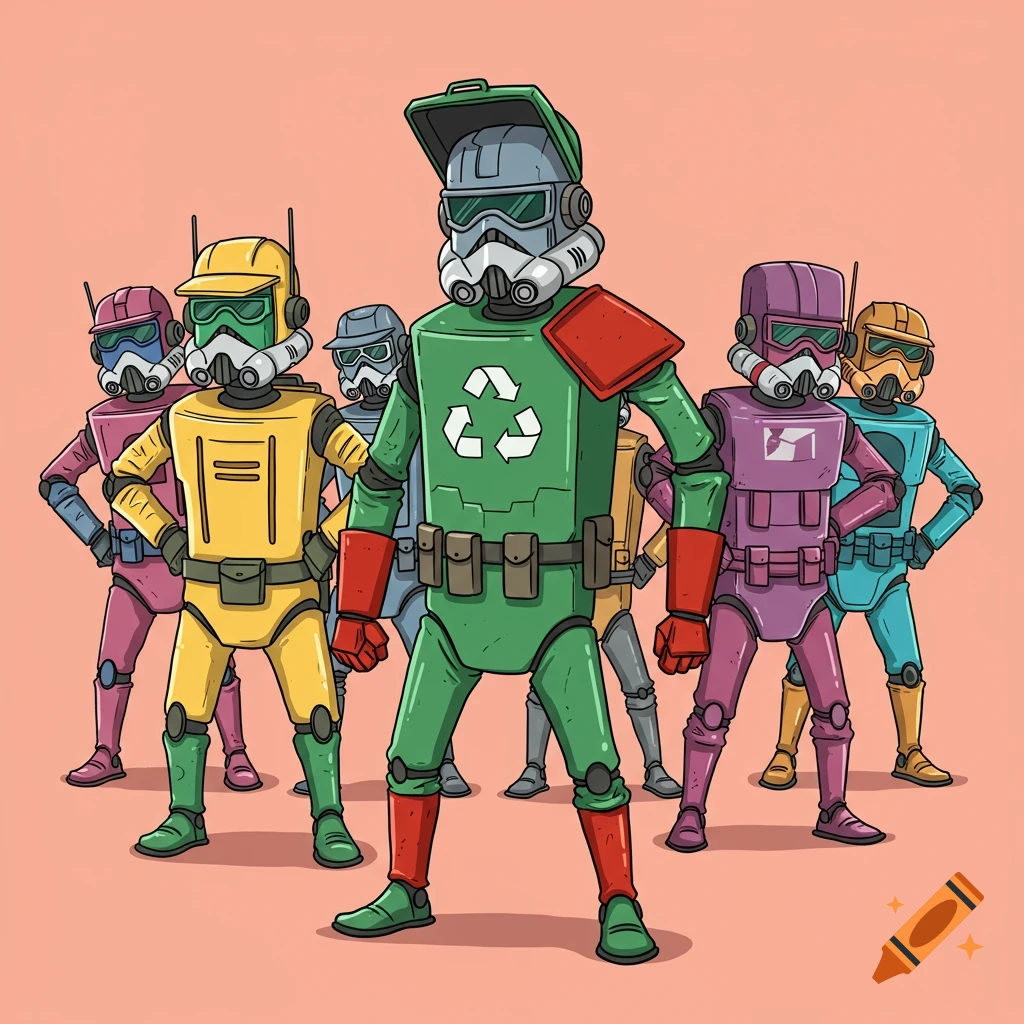 Cartoon group of colorful recycling-themed figures resembling Stormtroopers standing together.