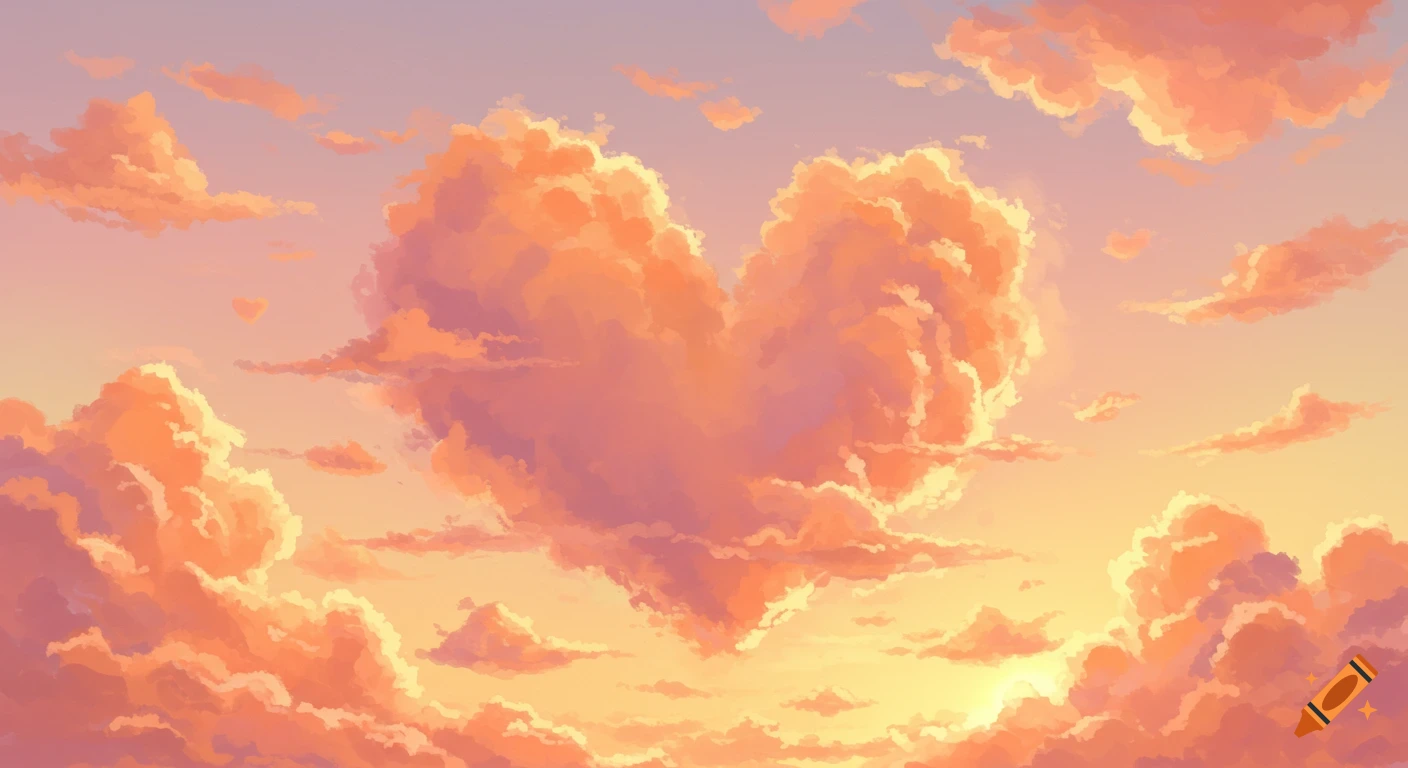 Golden hour sky with heart-shaped orange clouds