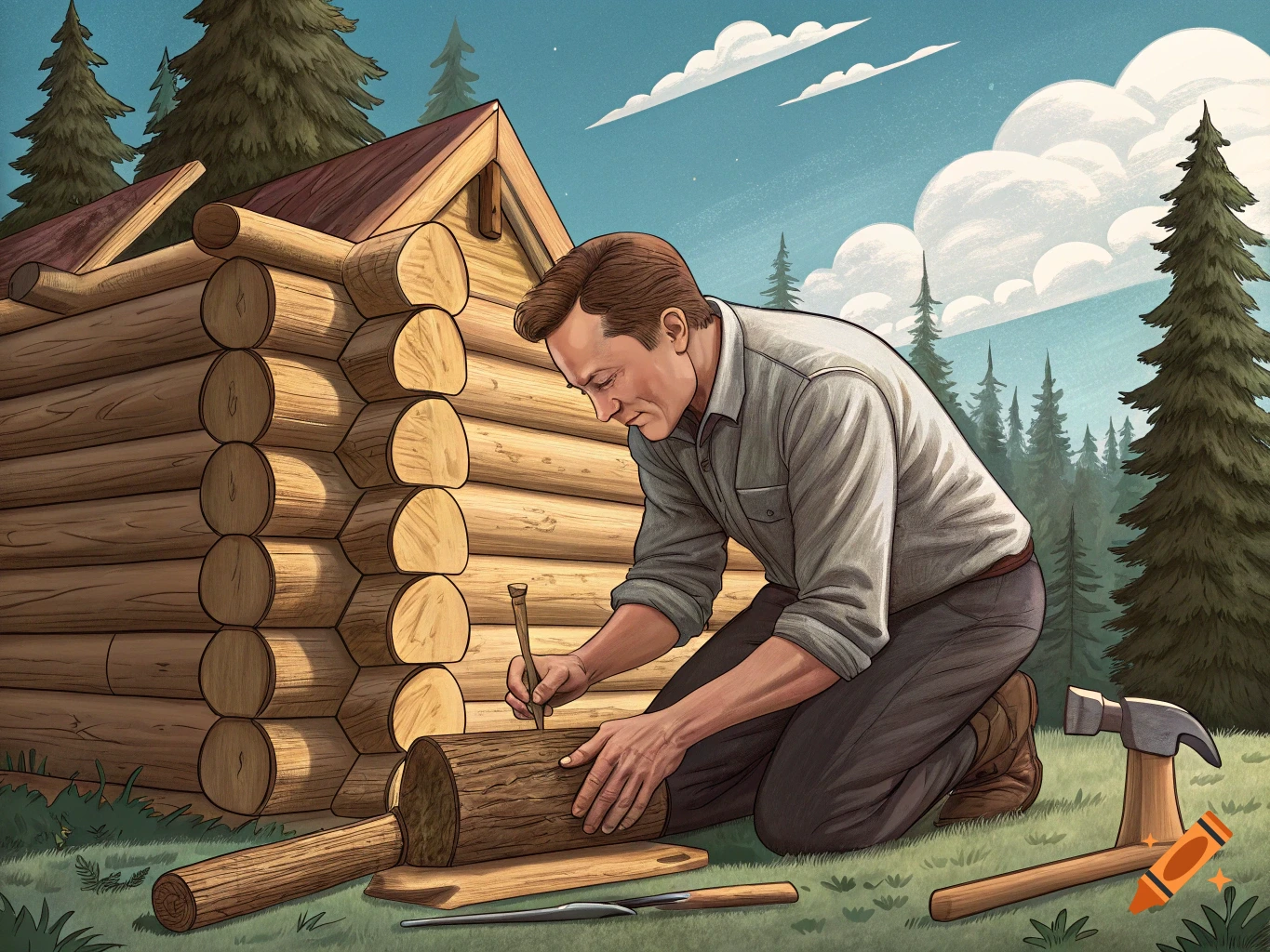 Illustration of a man kneeling and building a log cabin in a forest.