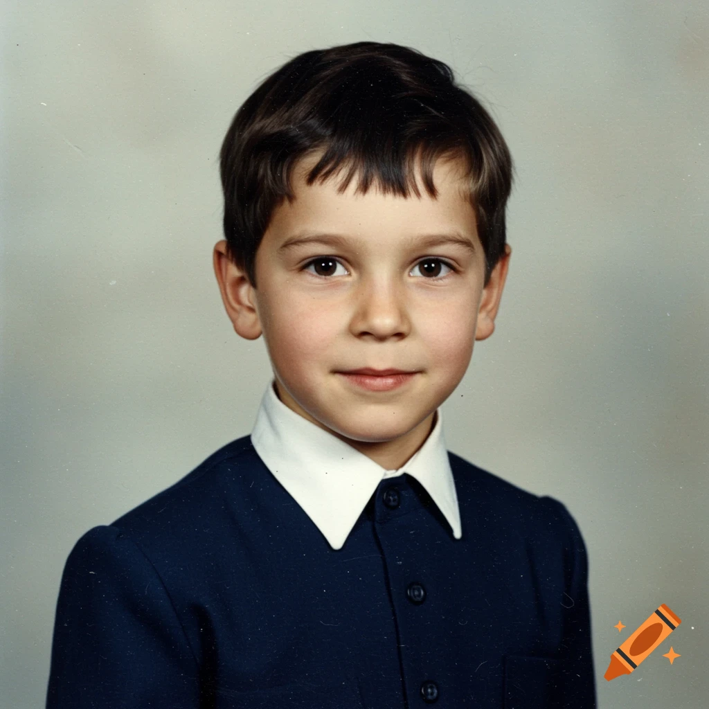 A young boy in a dark suit and white collar looks at the camera for a school yearbook photo.