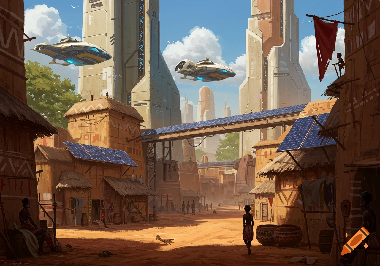 Digital painting of a futuristic African village with traditional huts, tall towers, and spaceships overhead.